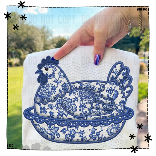 Hen On a Nest Chinoiserie Faux Embroidery